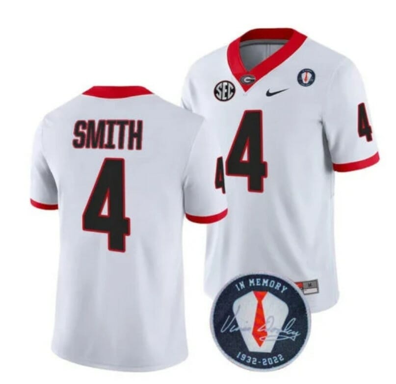 Georgia Bulldogs Nolan Smith Jersey #4 Honoring Vince Dooley Patch All Stitched Whie 1 Georgia Bulldogs Nolan Smith Jersey #4 Honoring Vince Dooley Patch All Stitched Whie