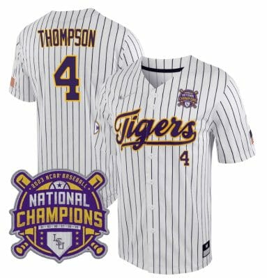 Lsu Tigers Jordan Thompson Jersey #4 National Champions NCAA College Baseball Stitched White Stripe