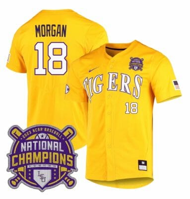 Lsu Tigers Tre Morgan Jersey #18 National Champions NCAA College Baseball Stitched Gold