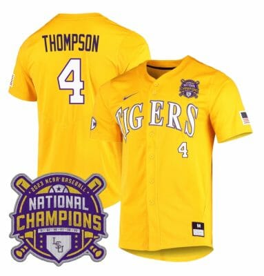 Lsu Tigers Jordan Thompson Jersey #4 National Champions NCAA College Baseball Stitched Gold