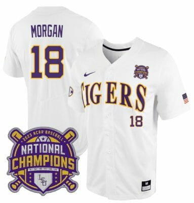 Lsu Tigers Tre Morgan Jersey #18 National Champions NCAA College Baseball Stitched White Tigers