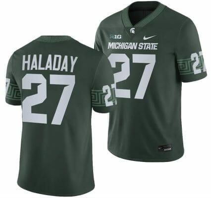 Michigan State Spartans Cal Haladay Jersey #27 College Football Game 2023 Green 10 Michigan State Spartans Cal Haladay Jersey #27 College Football Game 2023 Green