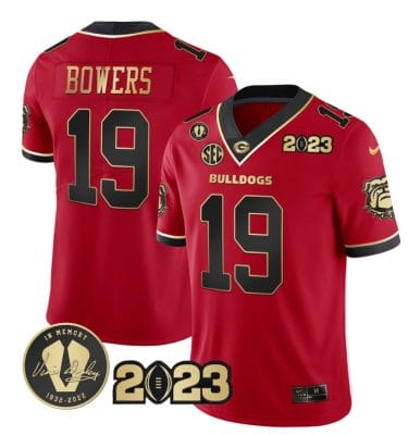 Brock Bowers Jersey #19 Georgia Bulldogs Football 2023 and Vince Dooley Patch Black Red 8 Brock Bowers Jersey #19 Georgia Bulldogs Football 2023 and Vince Dooley Patch Black Red