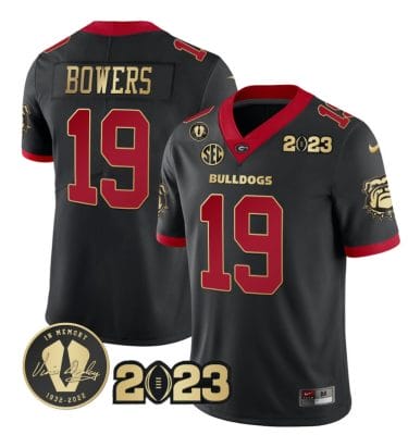 Brock Bowers Jersey #19 Georgia Bulldogs Football 2023 and Vince Dooley Patch Black Gold Trim