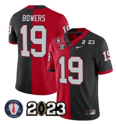 Brock Bowers Jersey #19 Georgia Bulldogs Football 2023 and Vince Dooley Patch Split Red Black