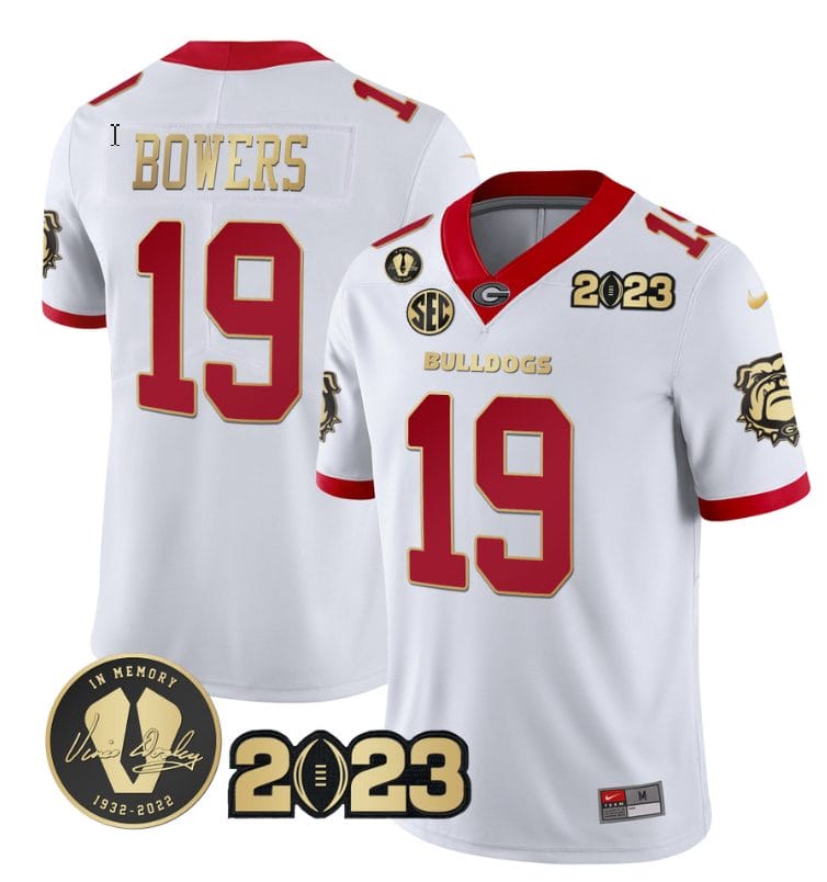 Brock Bowers Jersey #19 Georgia Bulldogs Football 2023 and Vince Dooley Patch White Gold Trim 1 Brock Bowers Jersey #19 Georgia Bulldogs Football 2023 and Vince Dooley Patch White Gold Trim