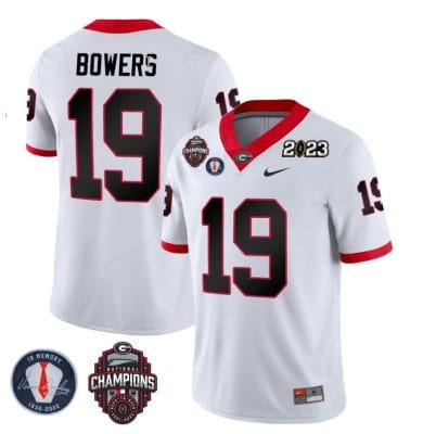 Brock Bowers Jersey #19 Georgia Bulldogs Football 2023 Champions and Vince Dooley Patch White 8 Brock Bowers Jersey #19 Georgia Bulldogs Football 2023 Champions and Vince Dooley Patch White