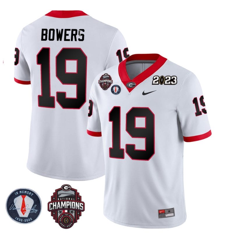 Brock Bowers Jersey #19 Georgia Bulldogs Football 2023 Champions and Vince Dooley Patch White 1 Brock Bowers Jersey #19 Georgia Bulldogs Football 2023 Champions and Vince Dooley Patch White