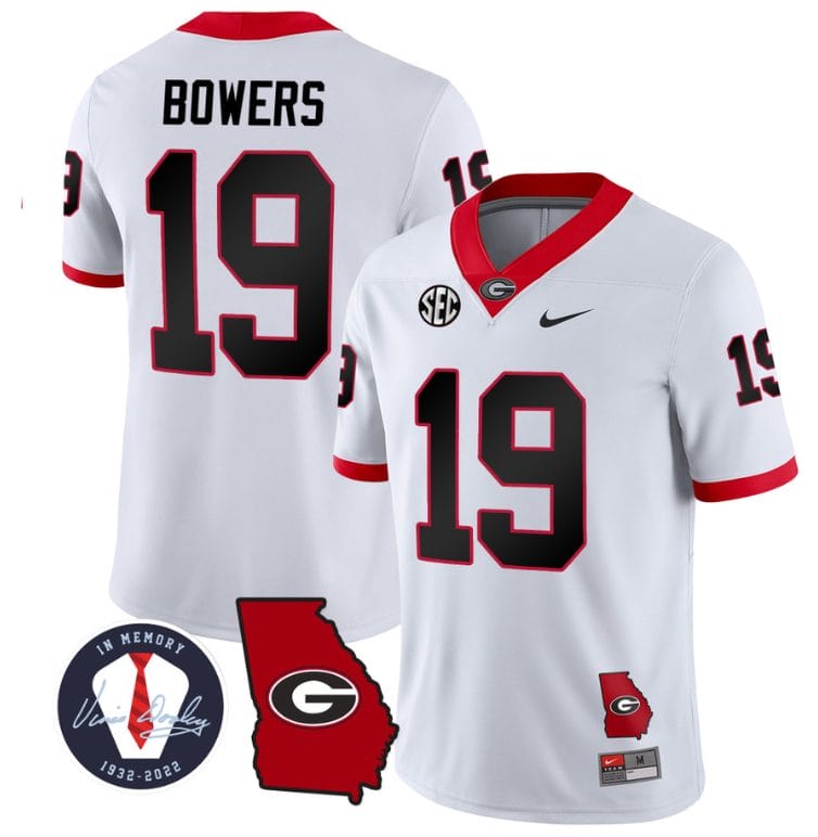 Brock Bowers Jersey #19 Georgia Bulldogs Football Vince Dooley Patch Georgia Map White 1 Brock Bowers Jersey #19 Georgia Bulldogs Football Vince Dooley Patch Georgia Map White