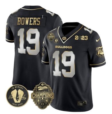 Brock Bowers Jersey #19 Georgia Bulldogs Football 2023 Champions and Vince Dooley Patch Black Limited