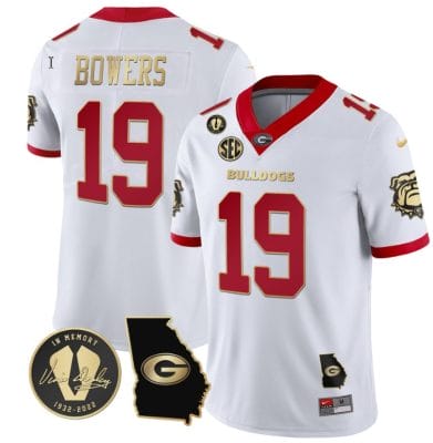 Brock Bowers Jersey #19 Georgia Bulldogs Football Vince Dooley Patch Georgia Map White Gold Trim 8 Brock Bowers Jersey #19 Georgia Bulldogs Football Vince Dooley Patch Georgia Map White Gold Trim