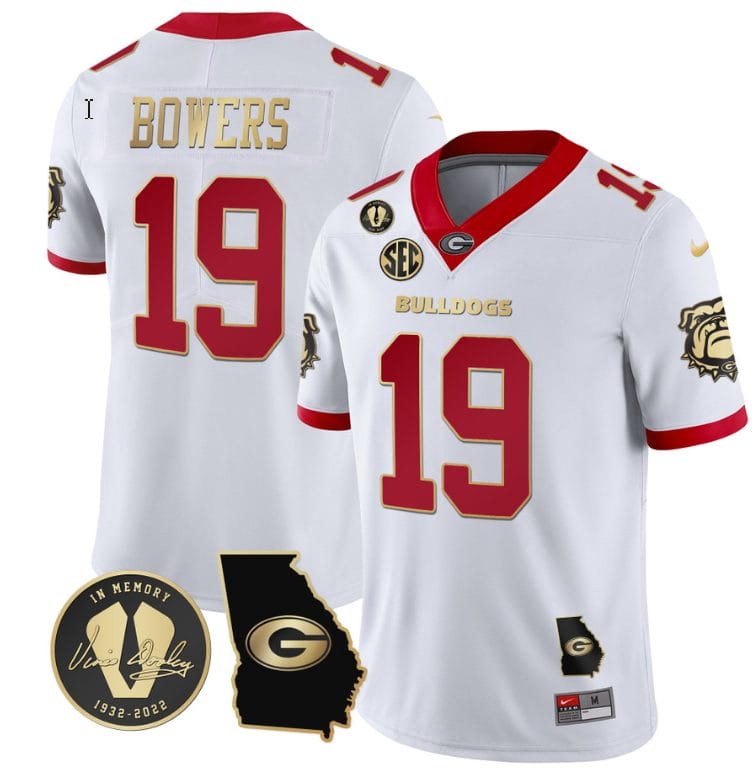 Brock Bowers Jersey #19 Georgia Bulldogs Football Vince Dooley Patch Georgia Map White Gold Trim 1 Brock Bowers Jersey #19 Georgia Bulldogs Football Vince Dooley Patch Georgia Map White Gold Trim