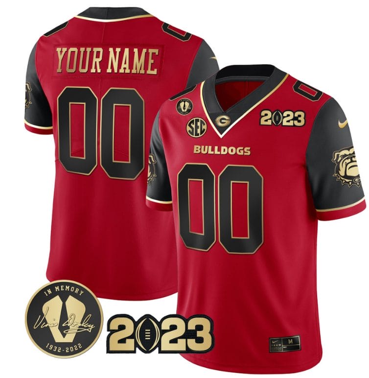 Custom Georgia Bulldogs Jersey Name and Number Football 2023 Vince Dooley Patch Gold Color Red 1 Custom Georgia Bulldogs Jersey Name and Number Football 2023 Vince Dooley Patch Gold Color Red