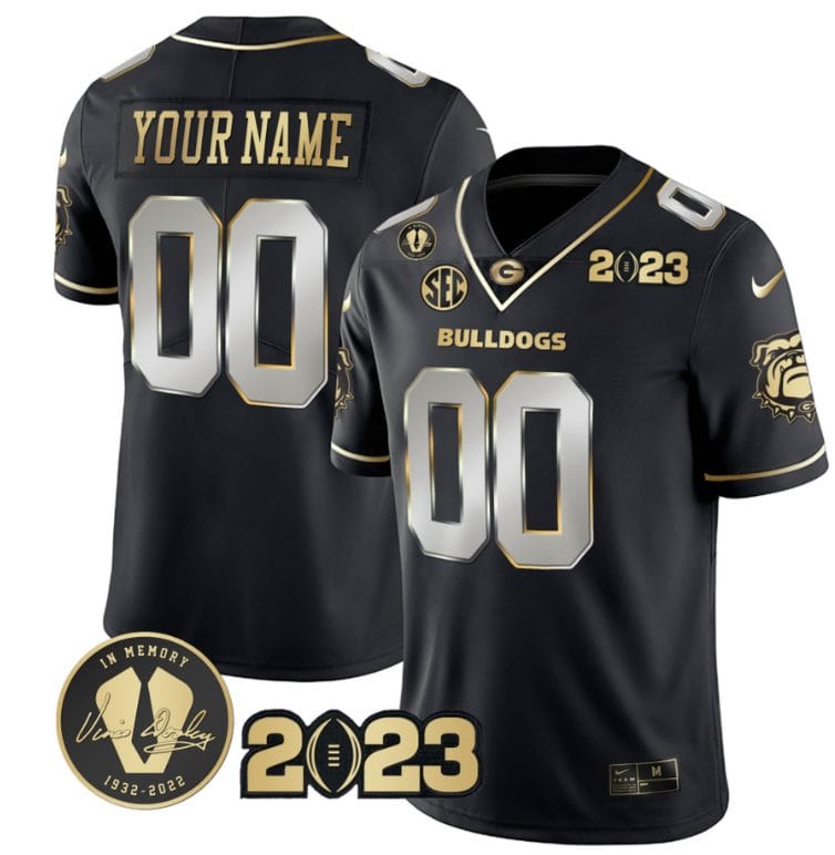 Custom Georgia Bulldogs Jersey Name and Number Football 2023 Vince Dooley Patch Gold Color Black Limited 1 Custom Georgia Bulldogs Jersey Name and Number Football 2023 Vince Dooley Patch Gold Color Black Limited