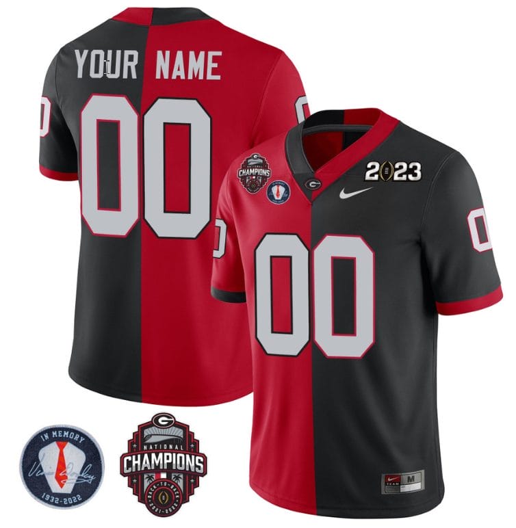 Custom Georgia Bulldogs Jersey Name and Number Football 2023 Back To Back Champions Vince Dooley Patch Split Red Black 1 Custom Georgia Bulldogs Jersey Name and Number Football 2023 Back To Back Champions Vince Dooley Patch Split Red Black