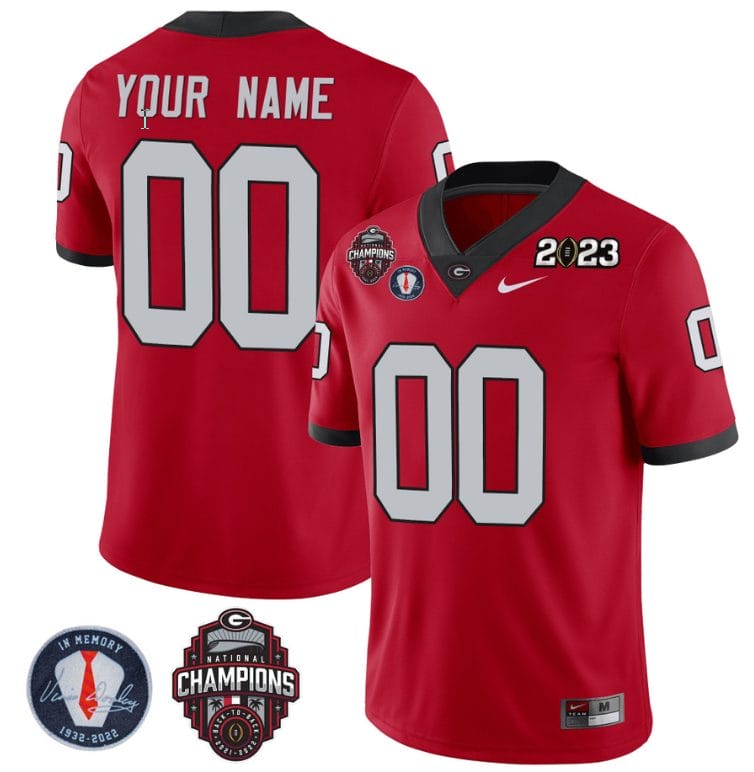 Custom Georgia Bulldogs Jersey Name and Number Football 2023 Back To Back Champions Vince Dooley Patch Regular Red 1 Custom Georgia Bulldogs Jersey Name and Number Football 2023 Back To Back Champions Vince Dooley Patch Regular Red