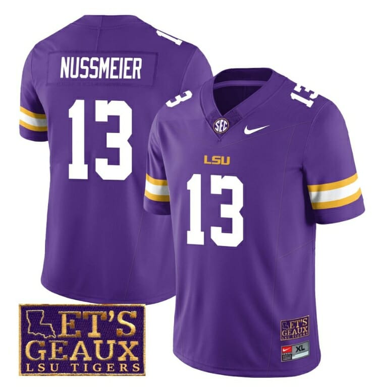 Lsu Tigers Garrett Nussmeier Jersey #13 College Football Let's Geaux Patch Stitched Purple 1 Lsu Tigers Garrett Nussmeier Jersey #13 College Football Let's Geaux Patch Stitched Purple