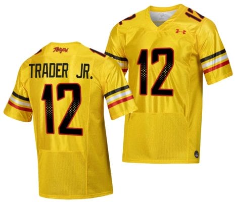 Maryland Terrapins Dante Trader Jr Jersey #12 College Football Gold 2023 Script Uniform