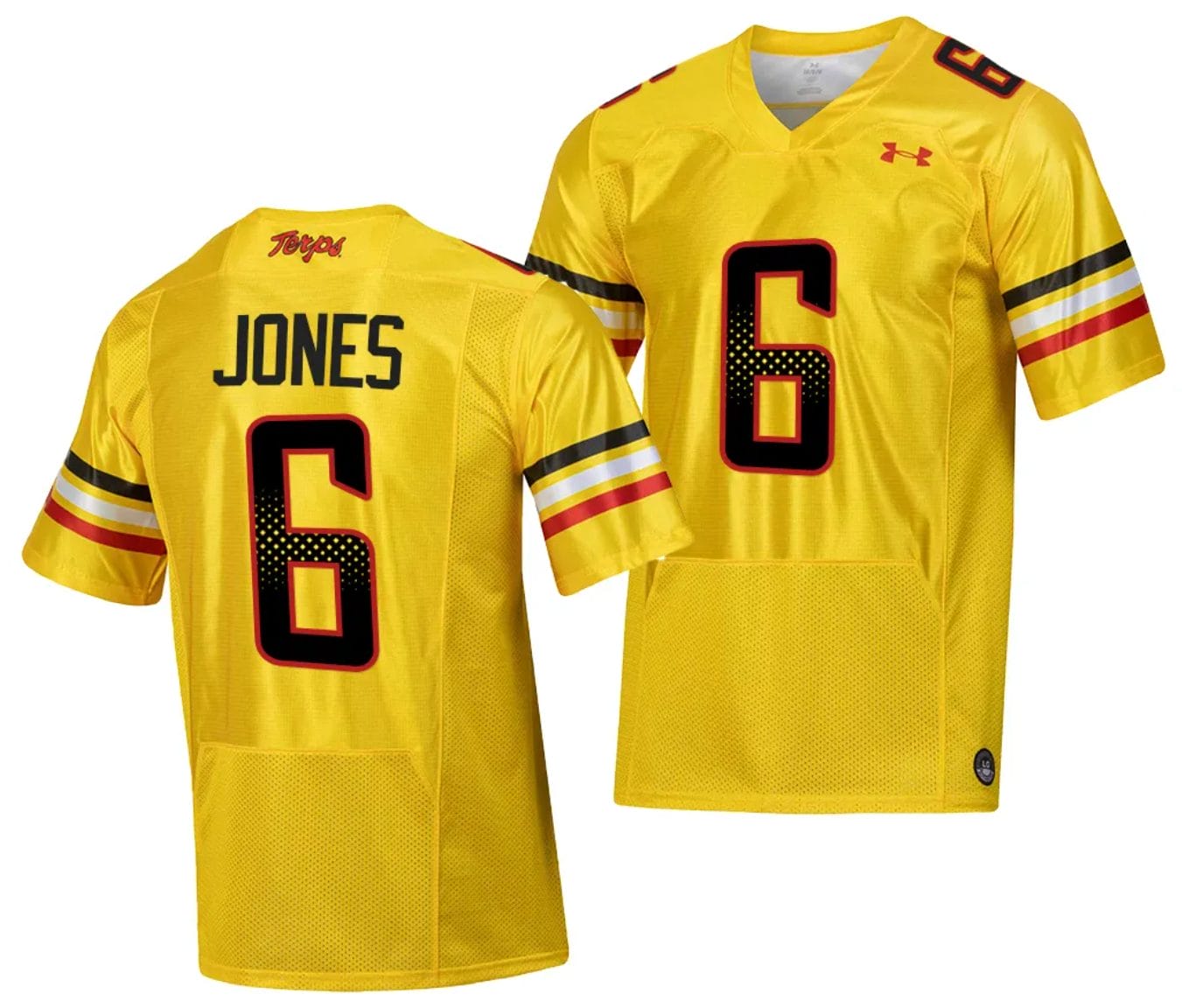 Maryland Terrapins Jeshaun Jones Jersey #6 College Football Gold 2023 Script Uniform 1 Maryland Terrapins Jeshaun Jones Jersey #6 College Football Gold 2023 Script Uniform