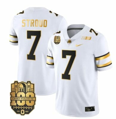 Ohio State Buckeyes CJ Stroud Jersey #7 College Football Stitched White Gold 8 Ohio State Buckeyes CJ Stroud Jersey #7 College Football Stitched White Gold