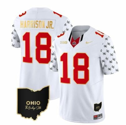 Ohio State Buckeyes Marvin Harrison Jr Jersey #18 College Football Stitched Alternate White Gold Trim