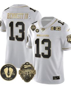 Stetson Bennett Jersey #13 Georgia Bulldogs Football 2023 Champions and Vince Dooley Patch White Gold