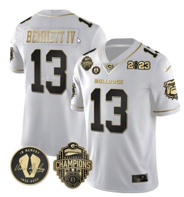 Stetson Bennett Jersey #13 Georgia Bulldogs Football 2023 Champions and Vince Dooley Patch White Gold