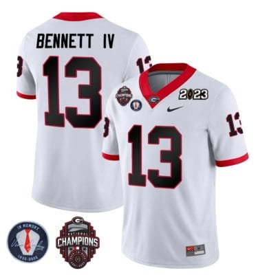 Stetson Bennett Jersey #13 Georgia Bulldogs Football 2023 Champions and Vince Dooley Patch White