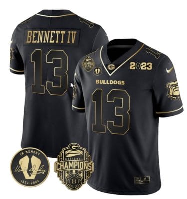 Stetson Bennett Jersey #13 Georgia Bulldogs Football 2023 Champions and Vince Dooley Patch Black Gold