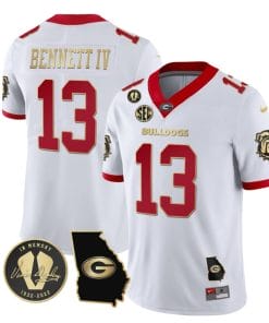 Stetson Bennett Jersey #13 Georgia Bulldogs Football Vince Dooley Patch Georgia Map White Gold Trim
