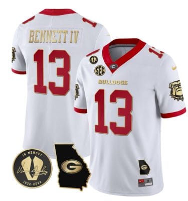 Stetson Bennett Jersey #13 Georgia Bulldogs Football Vince Dooley Patch Georgia Map White Gold Trim