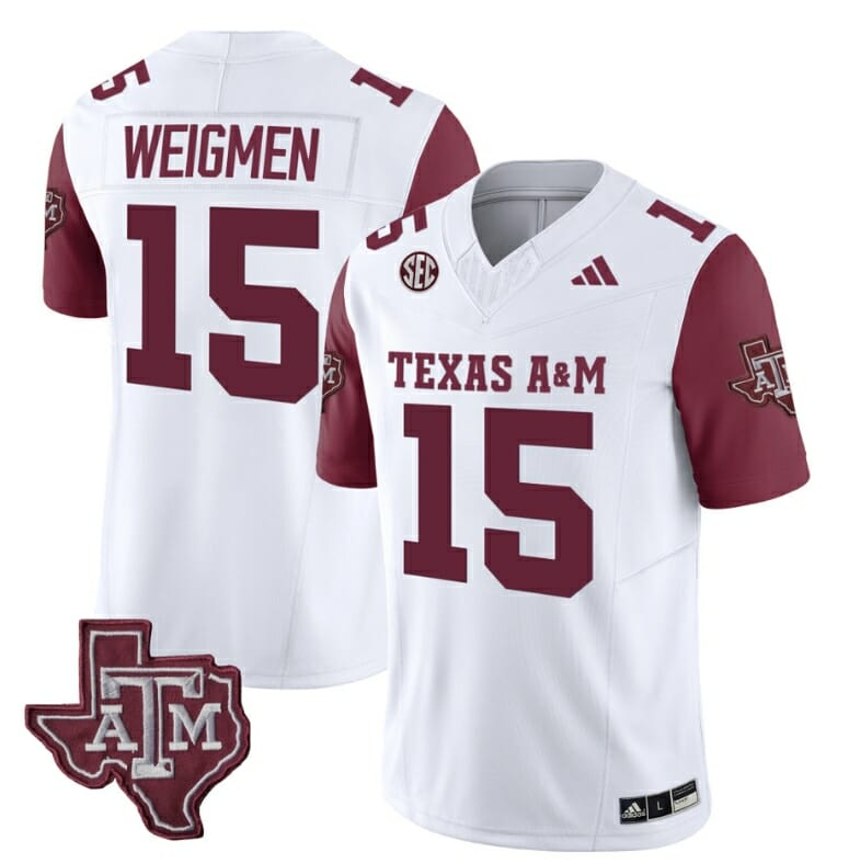 Texas A&M Aggies Conner Weigman Jersey #15 Vapor Limited College Football Maroo Sleeves 1 Texas A&M Aggies Conner Weigman Jersey #15 Vapor Limited College Football Maroo Sleeves