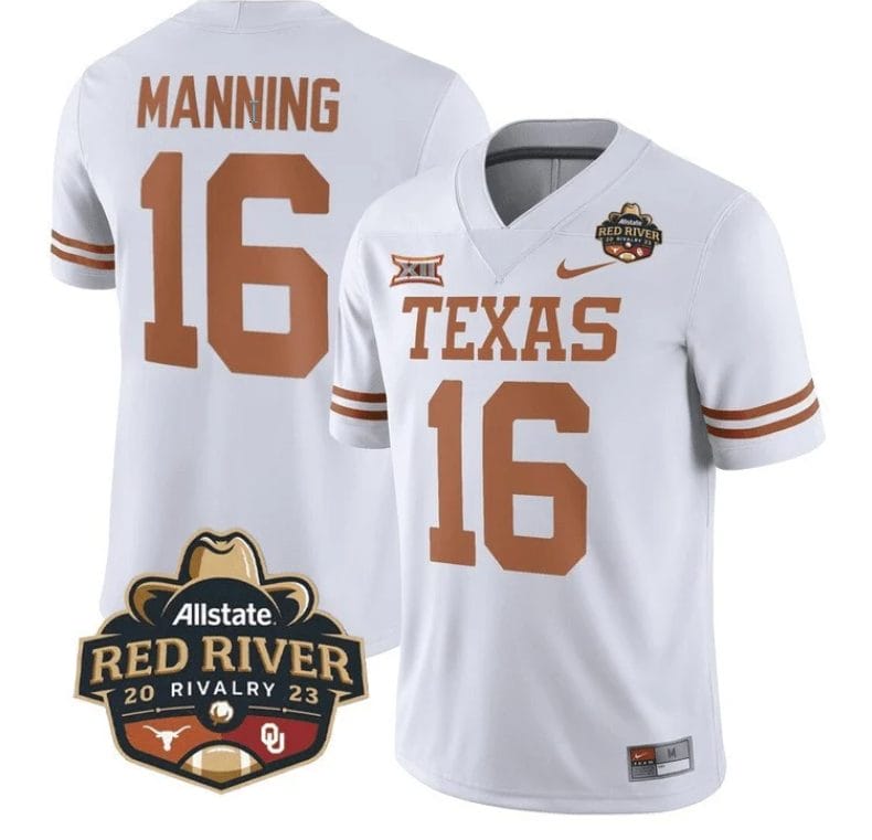 Arch Manning Jersey #16 Texas Longhorn Allstate Red River Vivalry Patch College Football White 1 Arch Manning Jersey #16 Texas Longhorn Allstate Red River Vivalry Patch College Football White