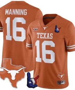 Arch Manning Jersey #16 Texas Longhorns Texas State Map and Throwing Up The H Patch Football Orange