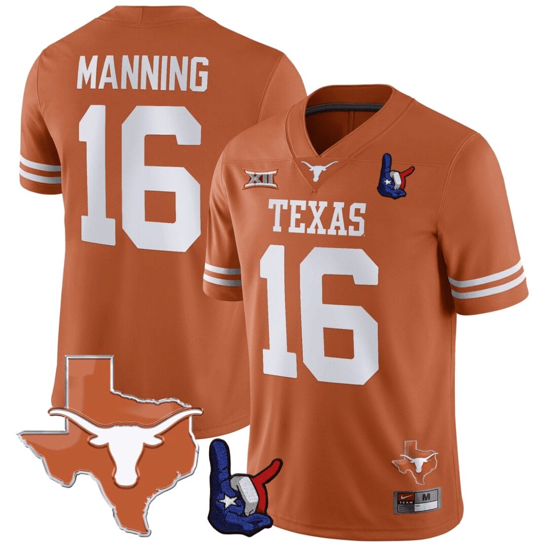 Arch Manning Jersey #16 Texas Longhorns Texas State Map and Throwing Up The H Patch Football Orange 1 Arch Manning Jersey #16 Texas Longhorns Texas State Map and Throwing Up The H Patch Football Orange