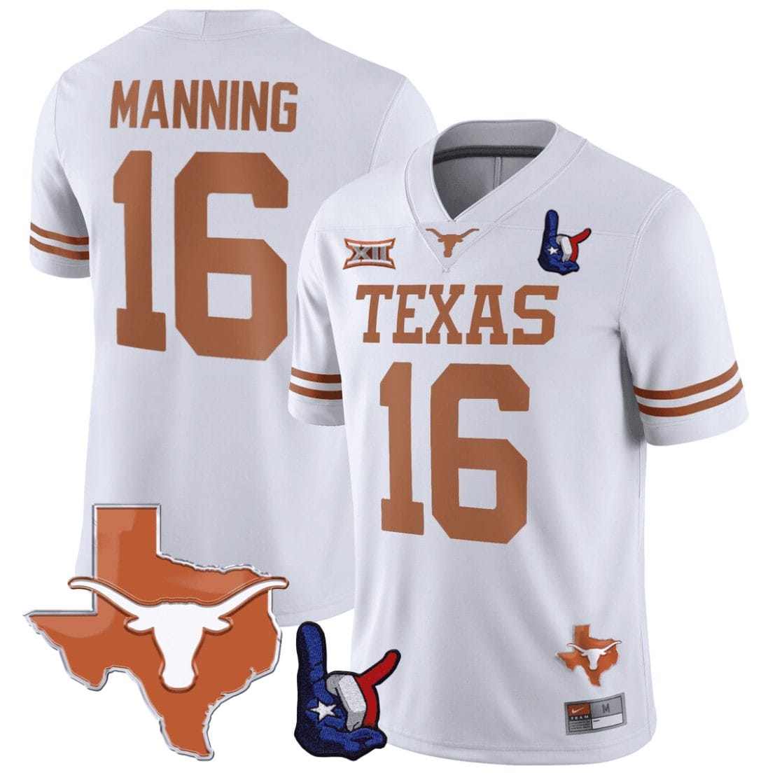 Arch Manning Jersey #16 Texas Longhorns Texas State Map and Throwing Up The H Patch Football White 1 Arch Manning Jersey #16 Texas Longhorns Texas State Map and Throwing Up The H Patch Football White
