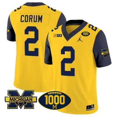 Blake Corum Jersey #2 Michigan Wolverines 1000 Wins Patch Vapor College Football Navy Sleeves