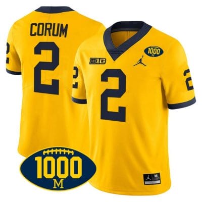 Blake Corum Jersey #2 Michigan Wolverines 1000 Wins Patch College Football Yellow