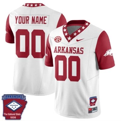 Custom Arkansas Razorback Jersey Name and Number Football The Natural State Patch Red Sleeves 10 Custom Arkansas Razorback Jersey Name and Number Football The Natural State Patch Red Sleeves