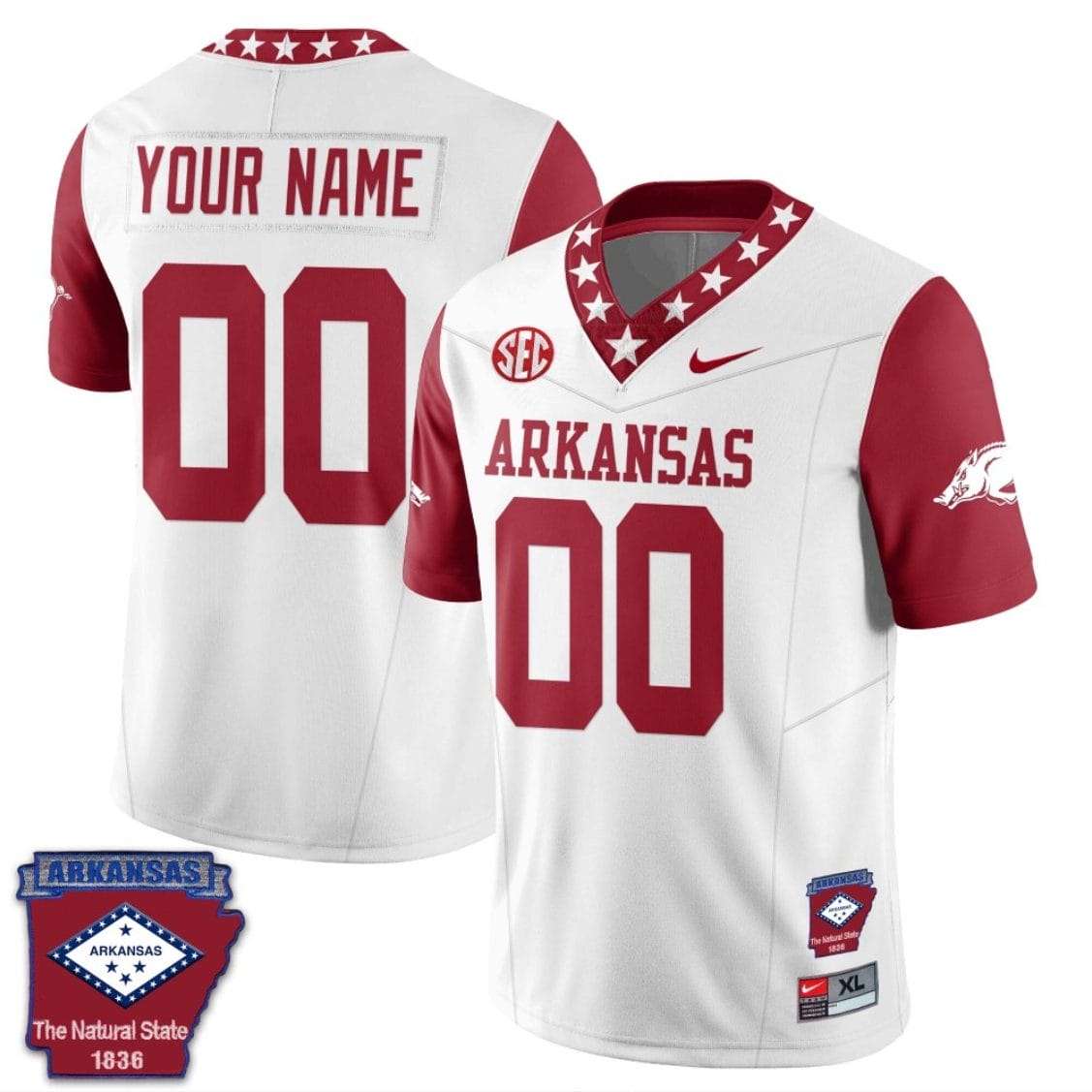 Custom Arkansas Razorback Jersey Name and Number Football The Natural State Patch Red Sleeves 1 Custom Arkansas Razorback Jersey Name and Number Football The Natural State Patch Red Sleeves