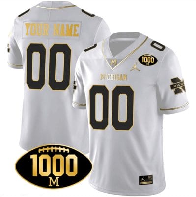 Custom Michigan Wolverines Jersey Name and Number 1000 Wins Patch Football All Stitched White Gold 8 Custom Michigan Wolverines Jersey Name and Number 1000 Wins Patch Football All Stitched White Gold