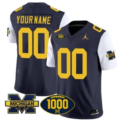 Custom Michigan Wolverines Jersey Name and Number 1000 Wins Patch Vapor College Football White Sleeves