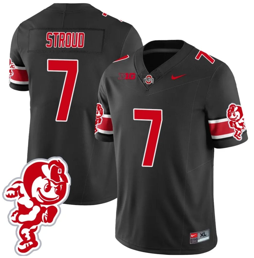 CJ Stroud Jersey #7 Ohio State Buckeyes Football 2023 Stitched Brutus Buckeye Patch Black 1 CJ Stroud Jersey #7 Ohio State Buckeyes Football 2023 Stitched Brutus Buckeye Patch Black