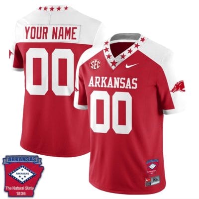 Custom Arkansas Razorback Jersey Name and Number Football The Natural State Patch Red Alternate