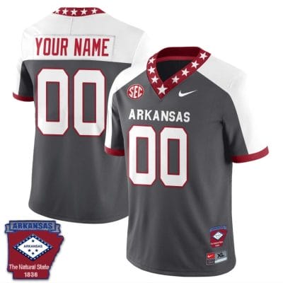 Custom Arkansas Razorback Jersey Name and Number Football The Natural State Patch Gray Alternate White