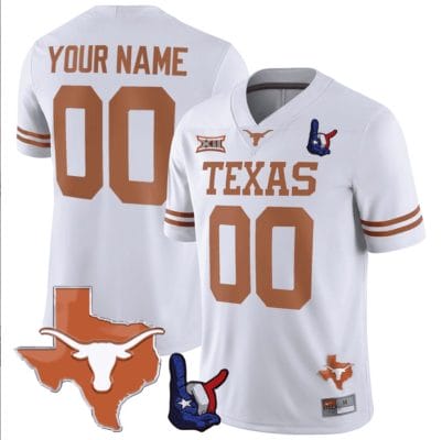 Custom Texas Longhorns Jersey Name and Number Texas State and Throwing Up The H Patch White 8 Custom Texas Longhorns Jersey Name and Number Texas State and Throwing Up The H Patch White