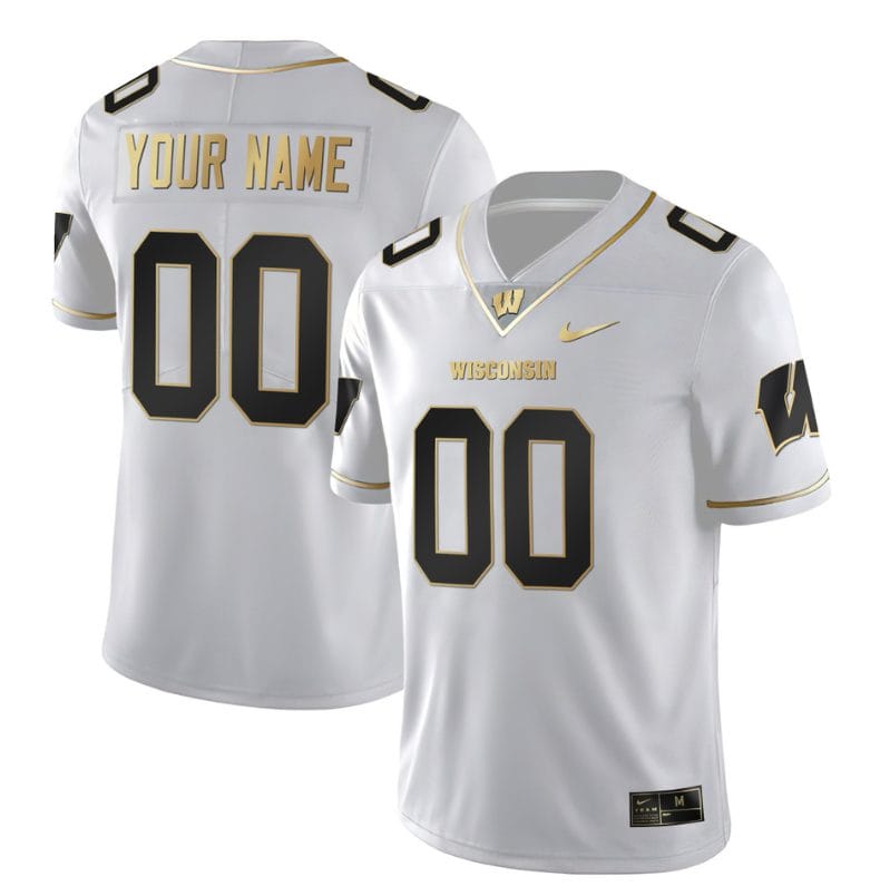 Custom Wisconsin Badgers Jersey Name and Number NCAA College Football White Gold 1 Custom Wisconsin Badgers Jersey Name and Number NCAA College Football White Gold
