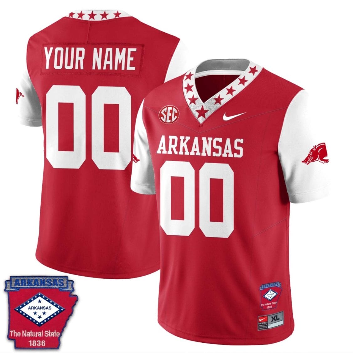 Custom Arkansas Razorback Jersey Name and Number Football The Natural State Patch White Sleeves 1 Custom Arkansas Razorback Jersey Name and Number Football The Natural State Patch White Sleeves
