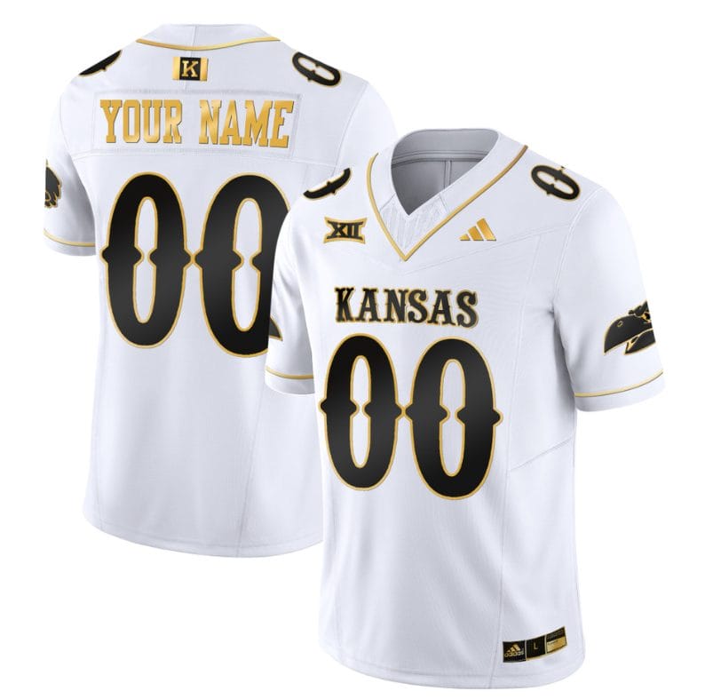 Custom Kansas Jayhawks Jersey Blackhawk Name and Number Vapor Limited Football Stitched White Gold 1 Custom Kansas Jayhawks Jersey Blackhawk Name and Number Vapor Limited Football Stitched White Gold