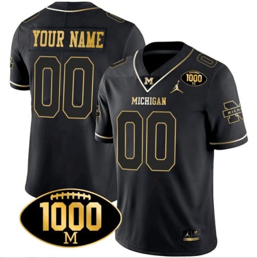 Custom Michigan Wolverines Jersey Name and Number 1000 Wins Patch Football All Stitched Black Gold